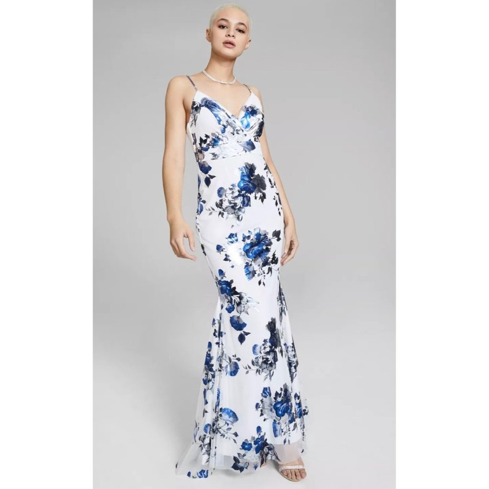 TEEZE ME Juniors' Printed Foil Mesh Dress Blue & White Size 11